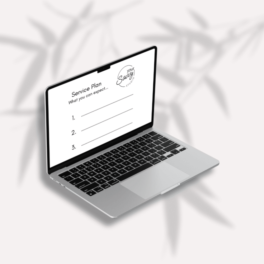Image of a laptop containing a service plan document with your savvy studio logo. background is a shadow of a bamboo tree.