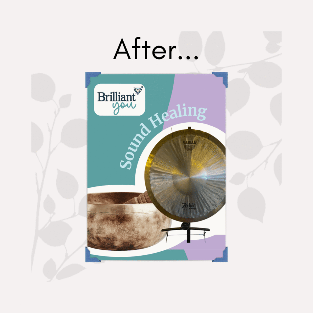Image showing a social media post titled 'sound healing' and showing a gong and a himilayan singing bowl with the heading 'after'