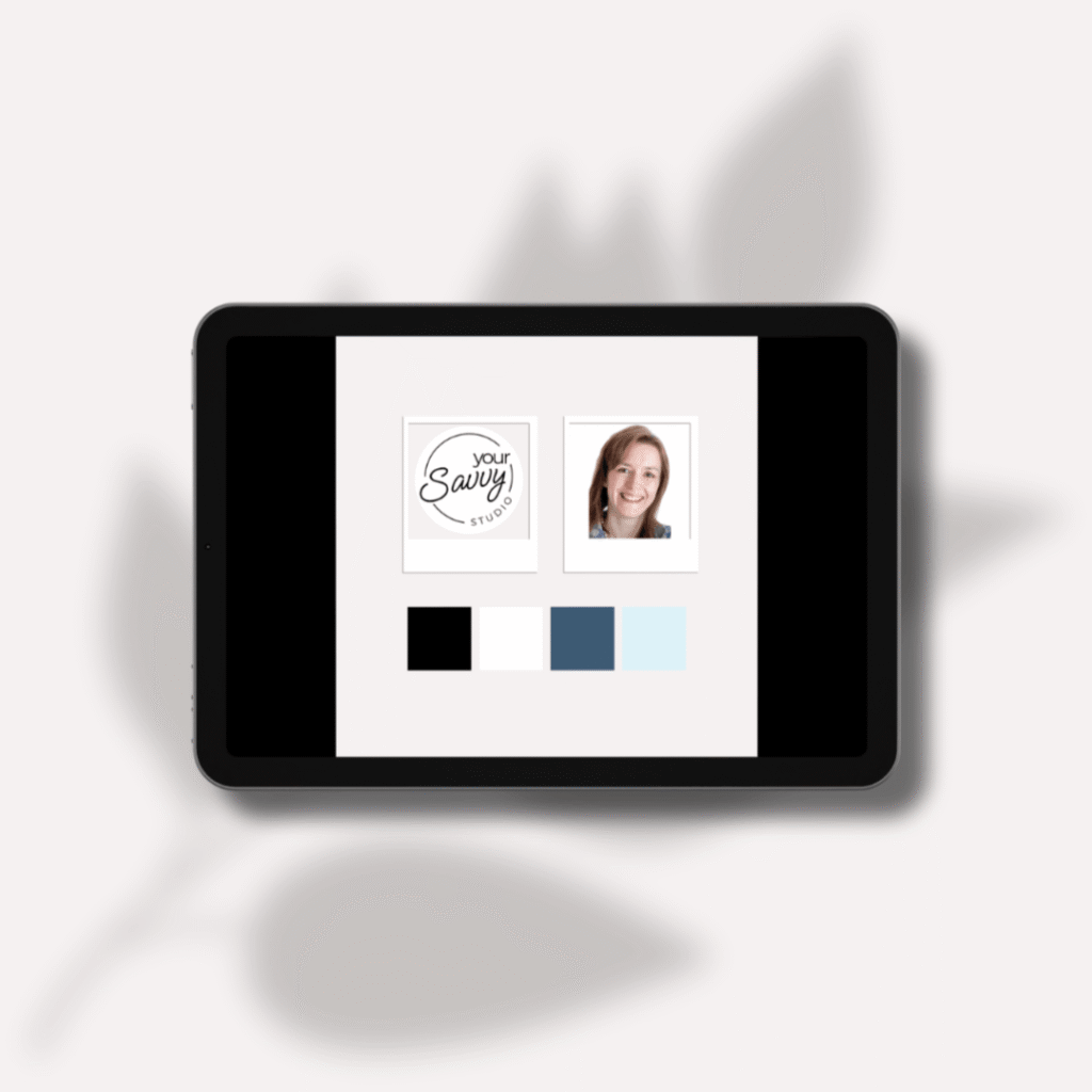 Image of an ipad containing assets mockup e.g logo, headshot photo and colour swatches