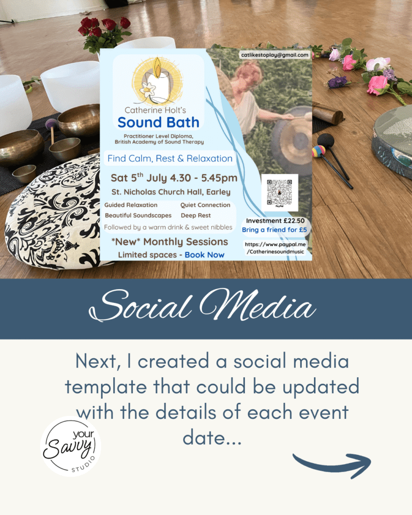 Image showing crystal bowls and himilayan bowls on a wooden floor with an overlay of Catherine Holt's Sound Bath social media post