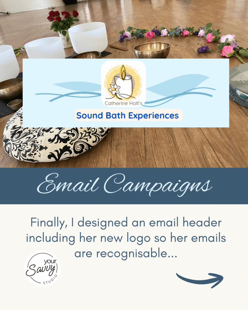 Image showing crystal bowls and himilayan bowls on a wooden floor with an overlay of Catherin Holt's Sound Bath email header image