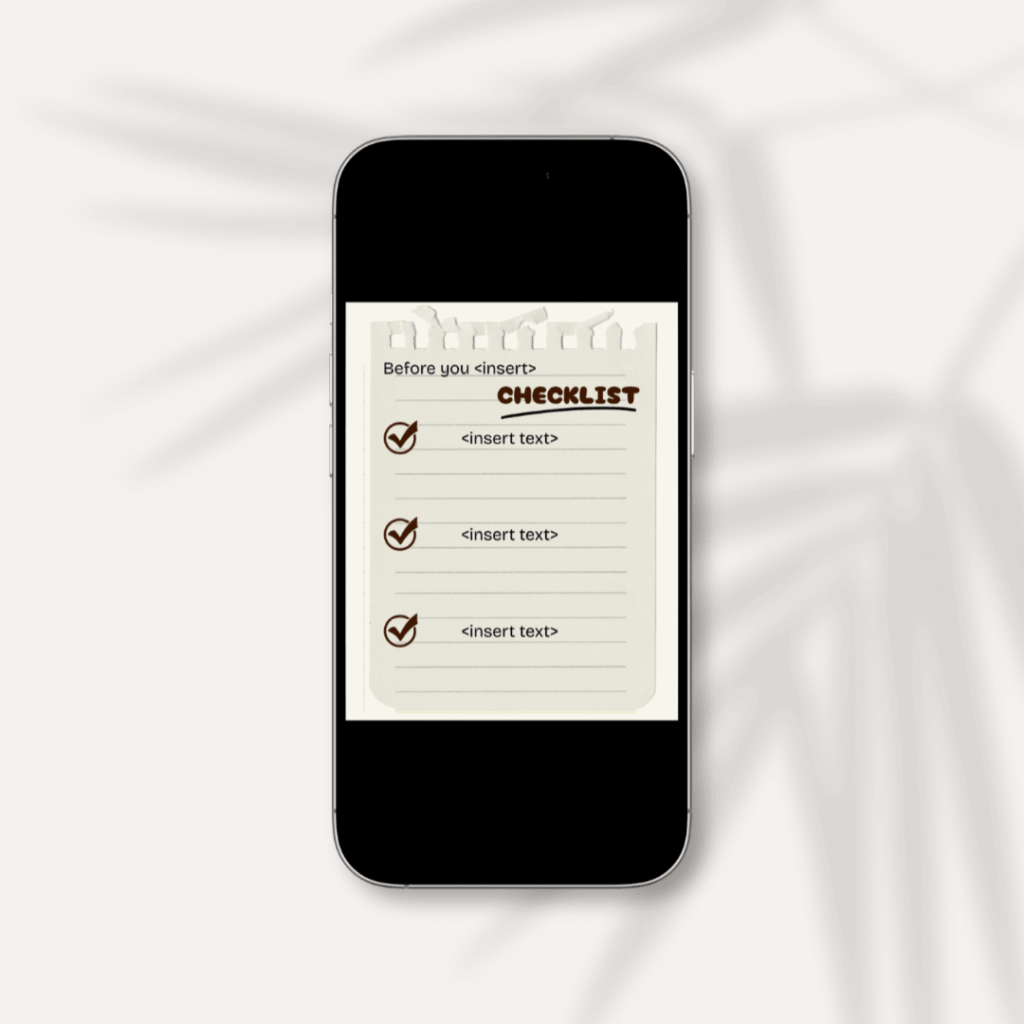 Mockup image of an iphone displaying the free social media template titled Before you...checklist