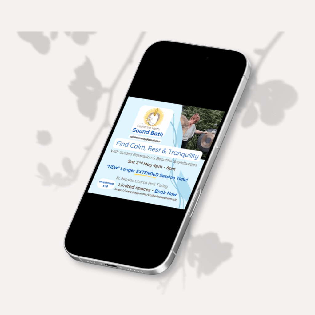 Image of an iphone mockup displaying a social media post promoting a sound bath event