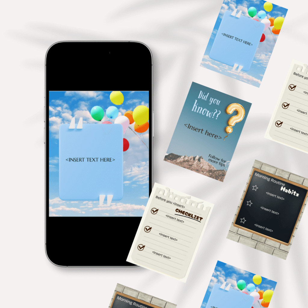Image showing mock up of an iphone displaying one of the 5 free social media templates. there is a ribbon displaying the other 4 templates diagnollay across the image.