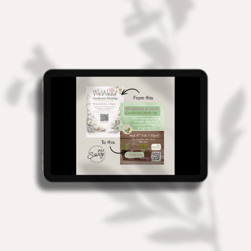 Image of a ipad containing a social media graphic created by your savvy studio. back ground is a shadow of a flower