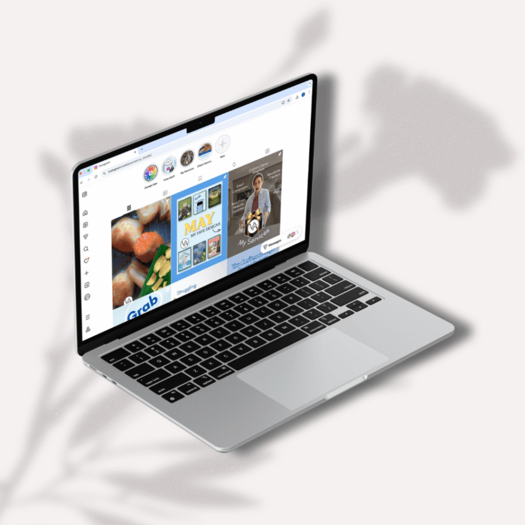 Image of a instagram grid on a laptop with a leaf shadow background