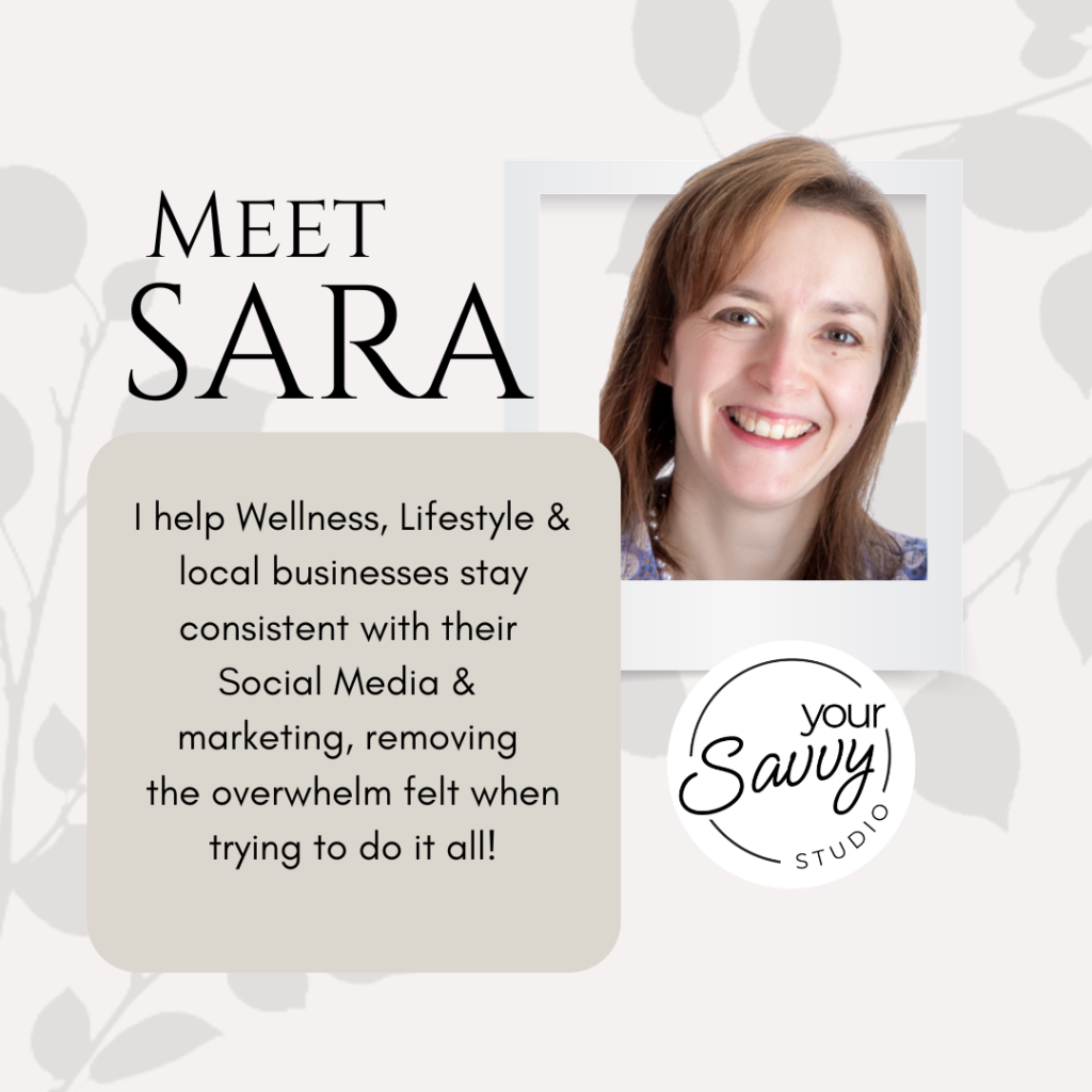 headshot of sara from Your Savvy Studio including text about how she can help wellness businesses with their social media and marketing to prevent the associated overwhelm