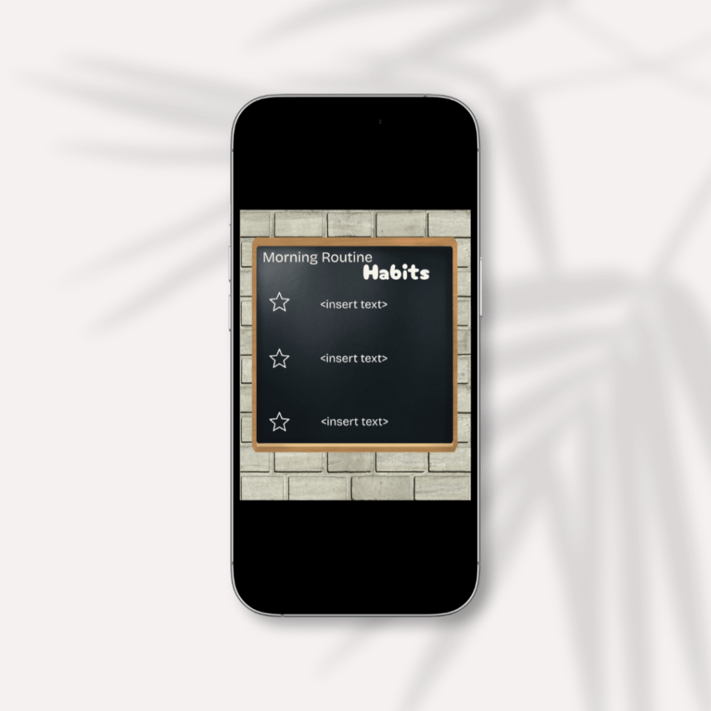 Mockup image of an iphone displaying the free social media template titled morning routine habits