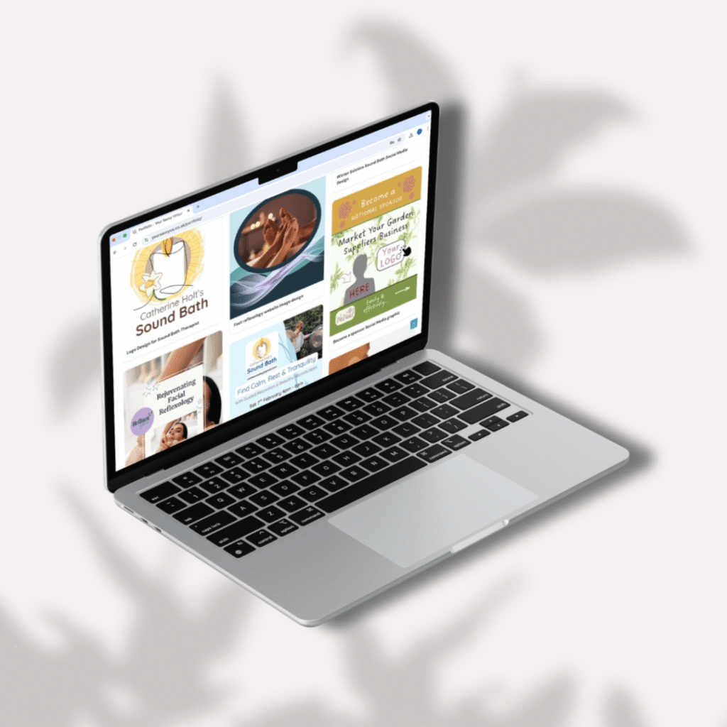 Image of an open laptop displaying my portfolio page on a background with a leaf shadow